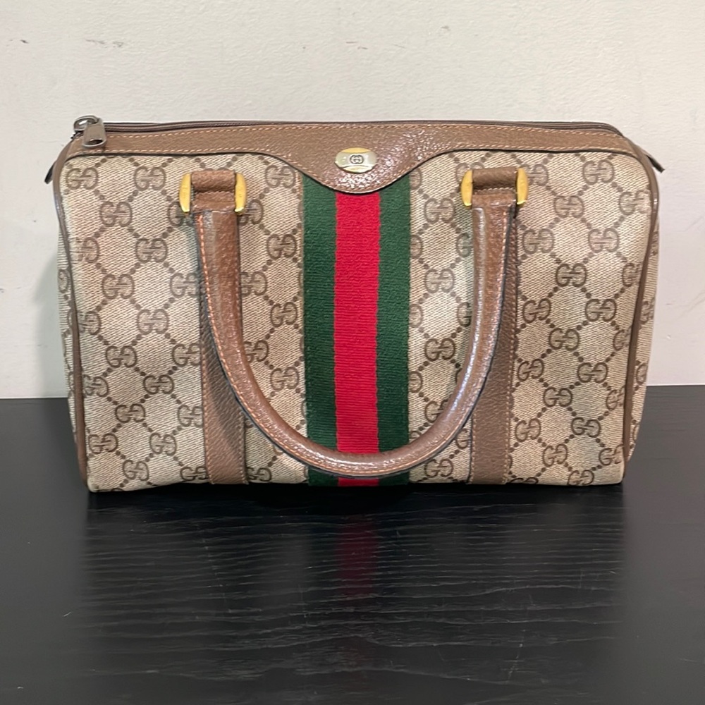 GUCCI Vintage Sherry Line GG Web PVC Canvas Leather Brown Boston Bag Handbag